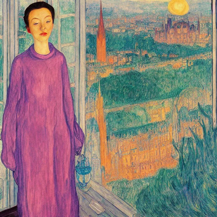 Image similar to close portrait of woman in transparent vaporous night gown with cat and aloe vera, with city with gothic cathedral seen from a window frame with curtains. sun through the clouds, vivid iridescent colors. agnes pelton, egon schiele, munch, henri de toulouse - lautrec, utamaro, monet