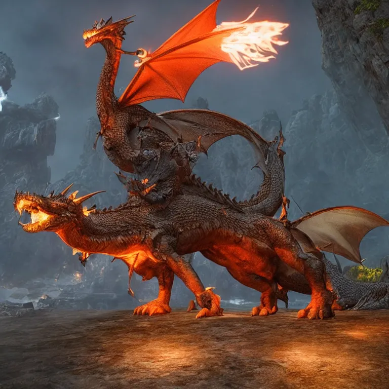 Prompt: A angry dragon, breathing fire, sitting on a rock, at night. Fantasy Demo in Unreal Engine 6.