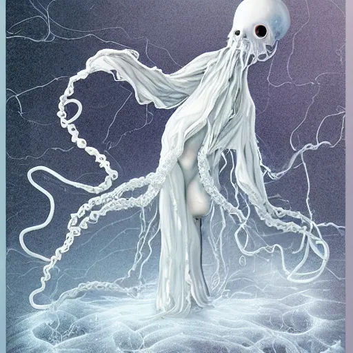 Image similar to concept designs of a chained ethereal ghostly wraith like figure with a squid like parasite latched onto its transparent skull and long tentacle arms that flow lazily but gracefully at its sides like a cloak while it floats around a frozen rocky tundra in the snow searching for lost souls and that hides amongst the frozen underbrush, this character has hydrokinesis and electrokinesis for the resident evil village video game franchise with inspiration from the franchise Bloodborne in the style of arcane the series on netflix