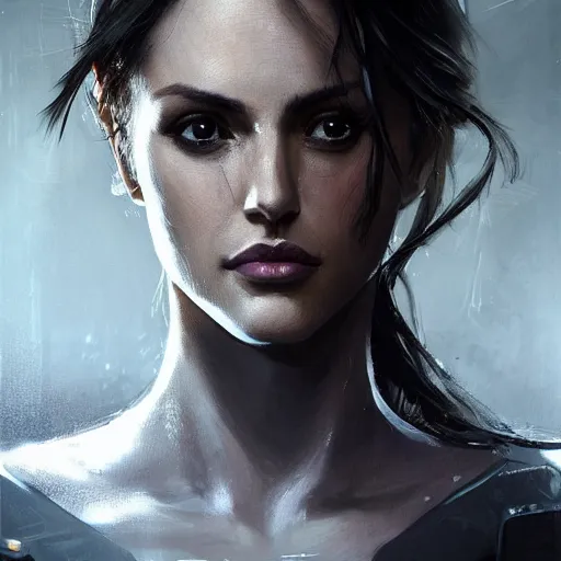 Image similar to portrait of a woman by greg rutkowski, eiza gonzalez as a weyland - yutani mercenary, from aliens franchise, she is about 3 0 years old, military composure, wearing white and black colored tactical gear, highly detailed portrait, digital painting, artstation, concept art, smooth, sharp foccus ilustration, artstation hq