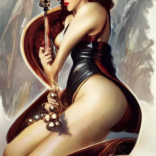 Image similar to emma watson dressed as jessica rabbit holding a glowing wand in one hand and a large leather bound book, fantasy, intricate, elegant, highly detailed, digital painting, artstation, concept art, matte, sharp focus, illustration, in the style of magic the gathering, art by artgerm and greg rutkowski and alphonse mucha