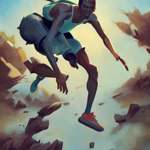 Image similar to cinematic painting of qwop!!!!!!!!!!!!!!!!! running down the trackby alvaro castagnet, peter mohrbacher and dan mumford, kinetic, motion, athletic, running