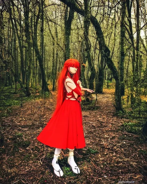 Image similar to very beautiful and cute Asuka Langley (face by Ross Tran) from neon genesis evangelion as a real slavic person dressed as a slavic priestess in holy birch forest in spring, 35mm, iPhone photo, HDR, DSLR, cinematic, trending on Instagram, 8k, 4k