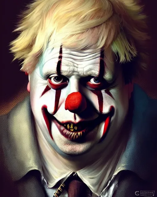 Image similar to boris johnson as clown character portrait, ultra realistic, concept art, intricate details, highly detailed by greg rutkowski, gaston bussiere, craig mullins, simon bisley