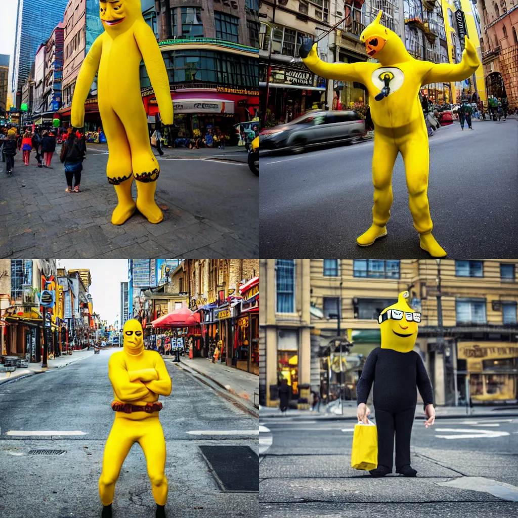 Prompt: photo, Banana-Man in the town, 4K.