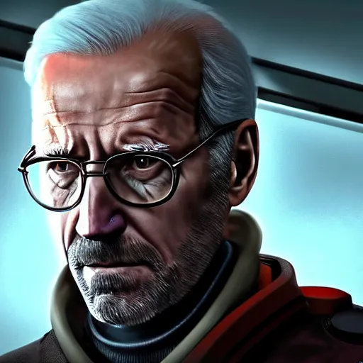 Image similar to photo portrait of joe biden as gordon freeman in half - life 2, splash art, movie still, detailed face, photorealistic facial features, cinematic lighting, dramatic, octane render, long lens, shallow depth of field, bokeh, anamorphic lens flare, 8 k, hyper detailed, 3 5 mm film grain