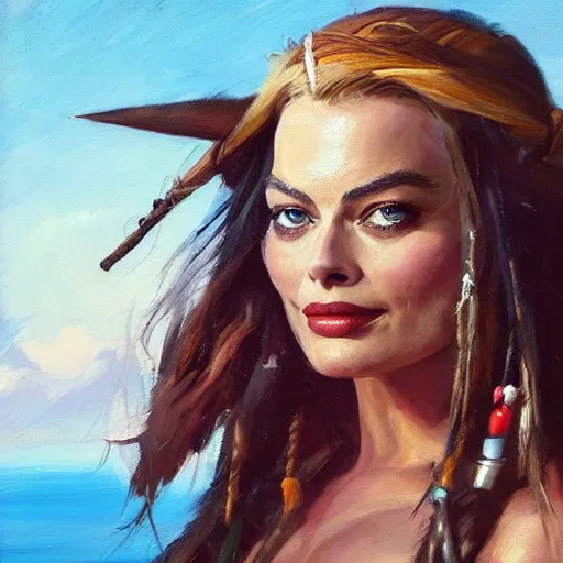 Image similar to greg manchess portrait of margot robbie as captain jack sparrow, epic grimdark, fantasy, medium shot, asymmetrical, profile picture, organic painting, sunny day, matte painting, bold shapes, hard edges, street art, trending on artstation, by huang guangjian and gil elvgren and sachin teng