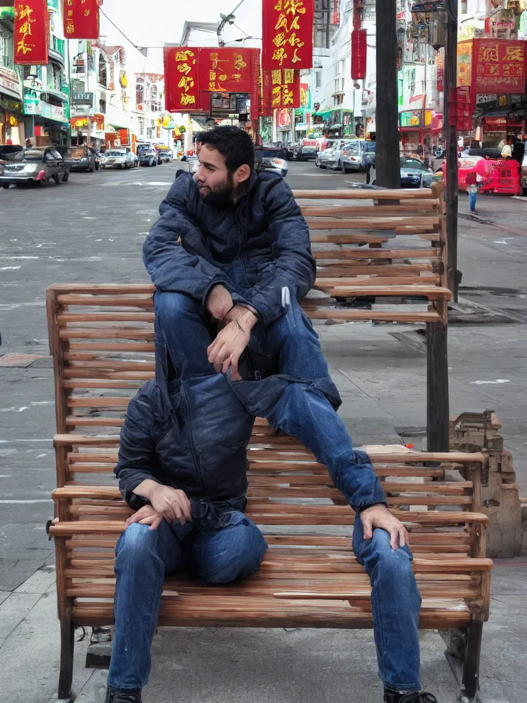 Prompt: a photo of thiago hersan sitting in a bench in china town san francisco