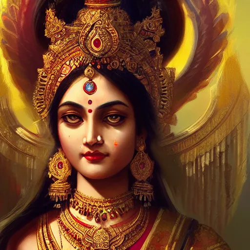 Prompt: a portrait of a gorgeous ancient hindu goddess, by wlop, greg rutkowski, thomas kinkade, super detailed, 3 d, 4 k wallpaper