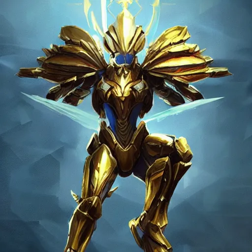 Image similar to cinematic _ hyperdetailed _ league _ of _ legends _ azir _ armor _ metroid _ ravenbeak _ fanart _ gold _ armored _ bird _ wings _ regal _ gold _ sunray _ shaped _ crown _ warframe _ destiny 2 fanart