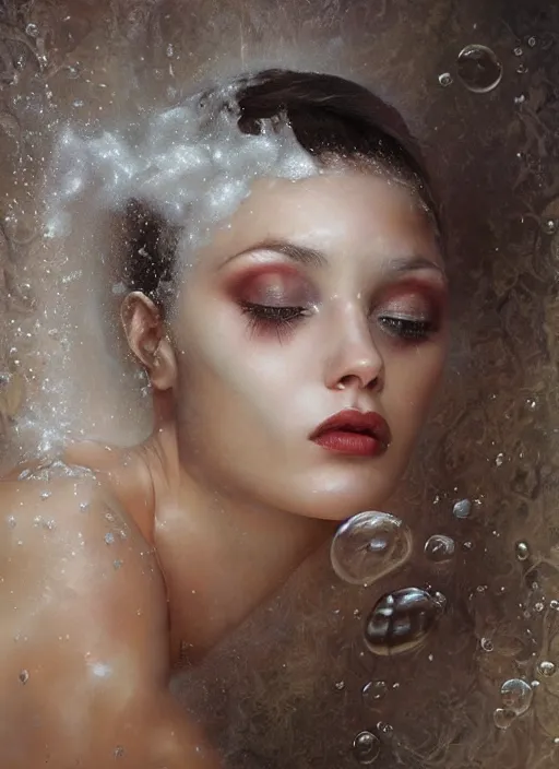 Image similar to a beautiful portrait of a woman submerged in milk only face visible, bathtub, award winning photography, karol bak, rutkowski