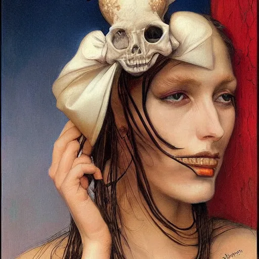 Image similar to portrait of a ceremonial hat embedded into a woman's skull, by gerald brom