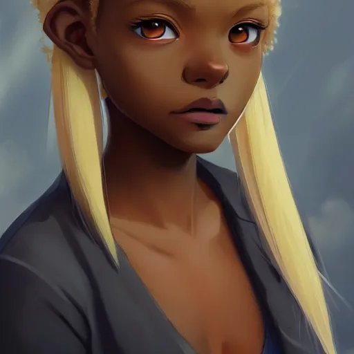 Image similar to portrait of a dark skinned angel with blonde hair, highly detailed, digital painting, artstation, matte, by makoto shinkai, animation style, studio ghibli, anime key visual