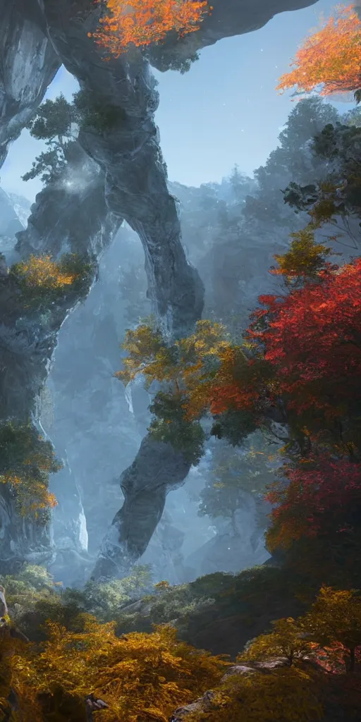 Image similar to a celestial portal in the middle of the mountains to another world, foliage, realistic, unreal engine,