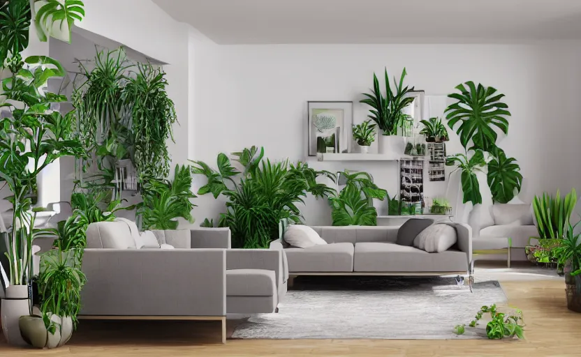 Prompt: empty room bohemian interior, big tv screen in the middle, tropical indoor plants, open shiny floor, v - ray render, high contras