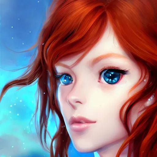 Image similar to portrait of a beautiful cute redhead from anime with big blue eyes, fantasy, intricate, elegant, highly detailed, digital painting, artstation, concept art, smooth, sharp focus, illustration
