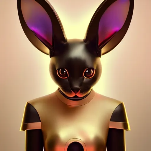 Prompt: product photo of a futuristic stylized pet robot, kitten puppy bunny mix, kindchenschema, large ears, large tail, by artgerm and greg rutkowski and marc newson, alphonse mucha, zaha hadid, side view, volumetric light, detailed, octane render, midsommar - t