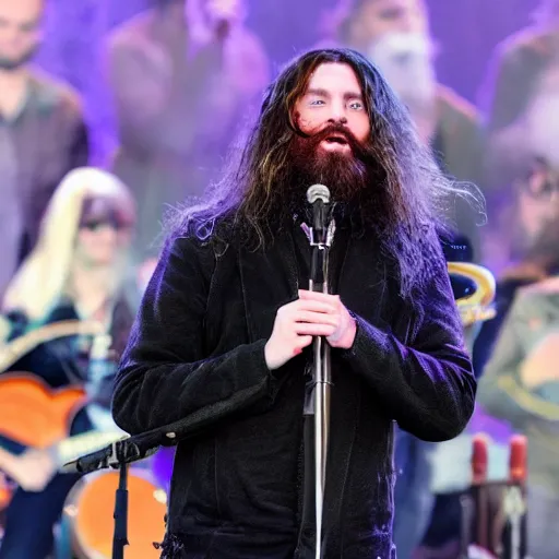 Image similar to bearded long - haired ross cheairs singing on stage