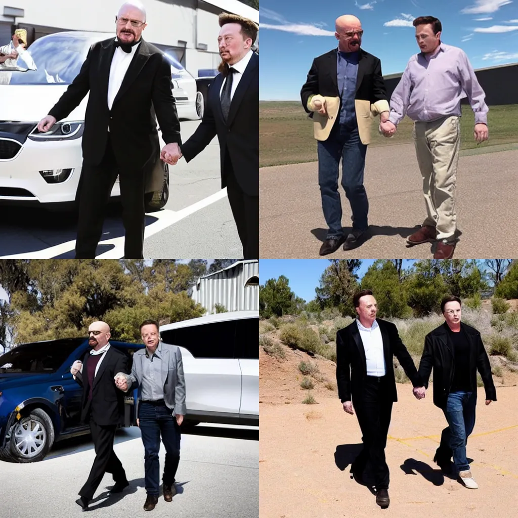 Prompt: walter white holding hands with elon musk