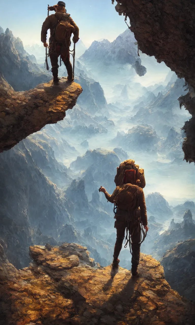 Prompt: an oil art close - up centered adventurer with a leather hiking rucksack on his back looking out to a view from a cliff looking out to a fantasy mountain landscape, 4 k, ultra detail, volumetric lighting, unreal engine, octane render, tom bagshaw, andreas rocha