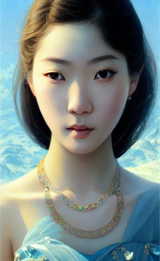 Image similar to a beautiful young charming asian goddess with sundress + jewelry + shinny eyes | | winter, symmetric, realistic shaded, unpleasant face, good looking, fine details, dior, lv, realistic shaded lighting poster by greg rutkowski, macoto takahashi, magali villeneuve, artgerm, jeremy lipkin and michael garmash