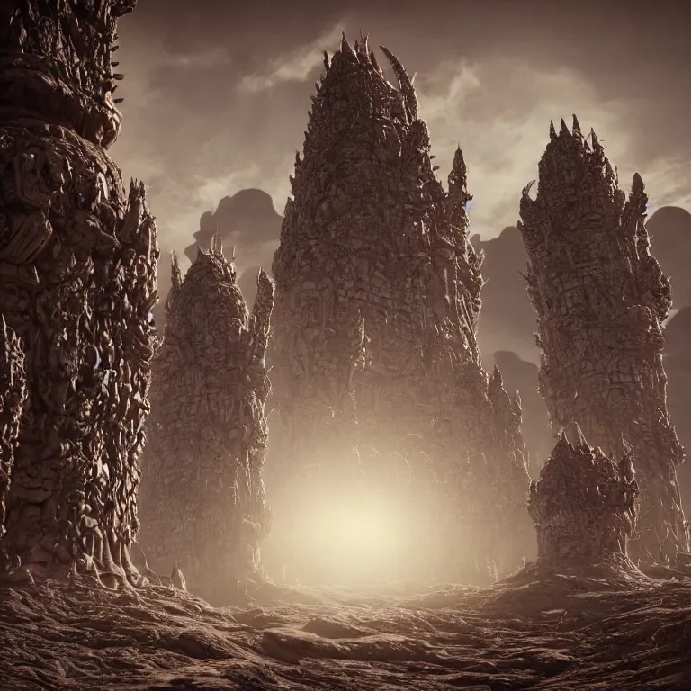 Prompt: old vintage photo of surreal spiky alien extraterrestrial temple with towers on exoplanet with three suns beautiful detailed intricate insanely detailed 3D render digital art, octane render, 8K artistic photography, photorealistic, harsh flash