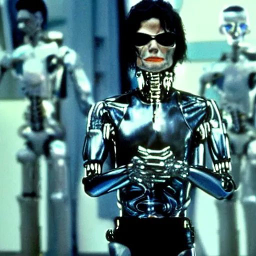 Prompt: michael jackson as the t - 1 0 0 0 in terminator 2, photo, still frame, cinematic
