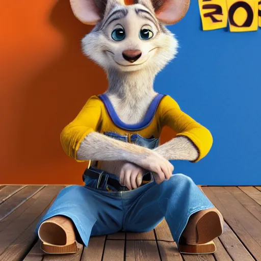 Image similar to 3 d render, portrait, mid shot, anthropomorphic mouse, female, blond fur, blue eyes, wearing denim short shorts, wearing a off yellow tank top shirt, solo, in the style of zootopia