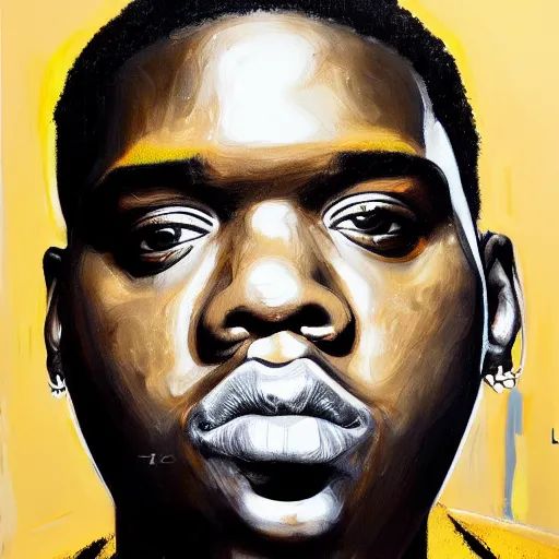 Image similar to a painting of a hyper realistic biggie smalls, art by basquiat, intricate, ultra detailed, photorealistic, black and gold colors, dark background trending on artstation