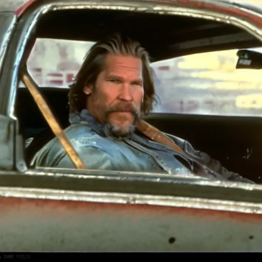 Image similar to Jeff Bridges sitting in the driver's seat in Mad Max Road Warrior, rusted, cobbled together Nissan R34 GTR, interior, screenshot, cinematic Eastman 5384 film