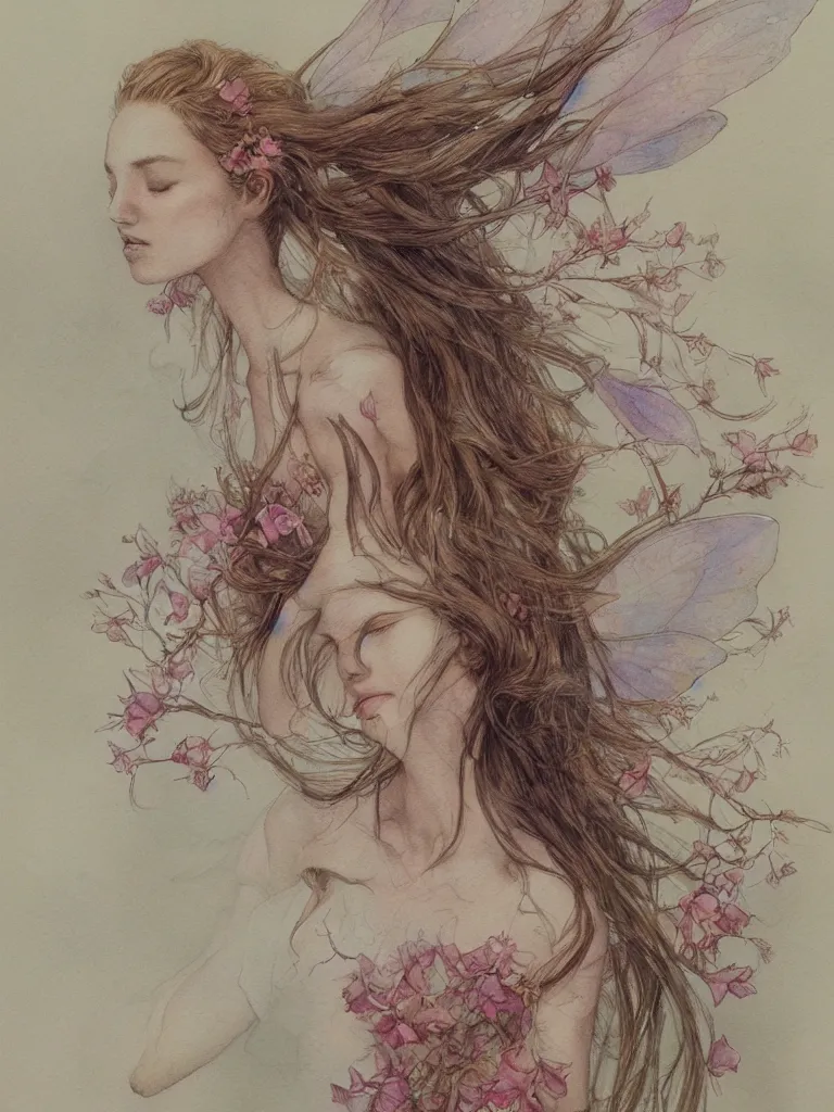 Image similar to study of a flower fairy, illustration, watercolor, alan lee, detailed, pretty, ethereal, realistic, artstation