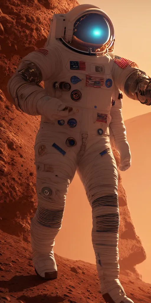 Image similar to concept art, a american astronaut with new lightweight spacesuit, landing on mars, musk's mars immigration program, cyberpunk, backlight, epic, high detail, 8 k, octane rendering, unreal engine.