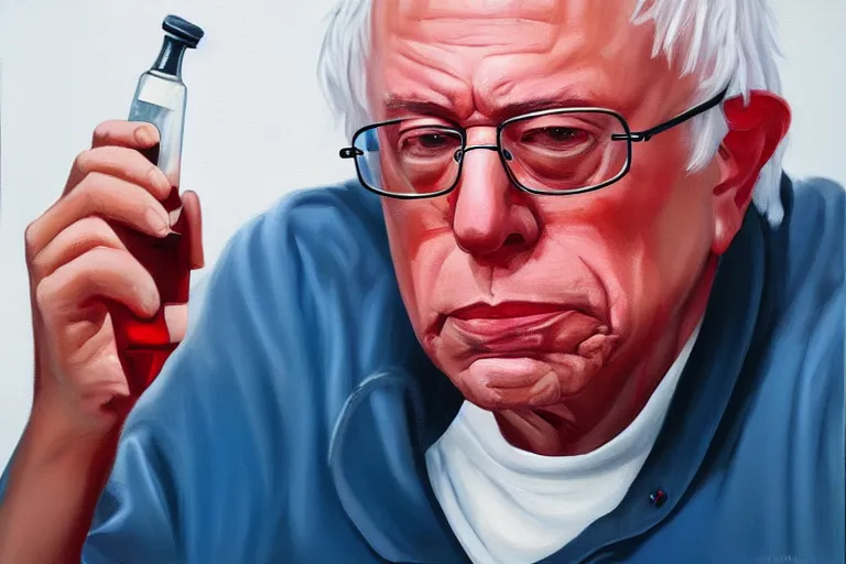 Prompt: Bernie Sanders as gang member, drinking cough syrup, oil on canvas, artstation, portrait, masterpiece, aesthetic