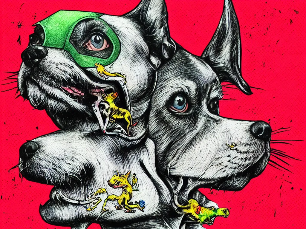 Prompt: beware the dogs out!!! pop art, pixel, ultrarealistic digital art, concept art, aesthetic details, random anatomy features animals + human + environment, random object position, smooth painting, intricate details, sharp focus, three colors, classic, paper border, elegant, 4 d, watercolor pencil + ink drawing, art by mimmo rottela and bengus and banksy