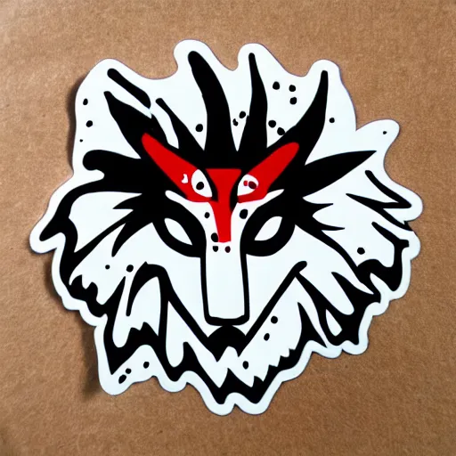 Image similar to die cut sticker, princess mononoke mask, splatter paint