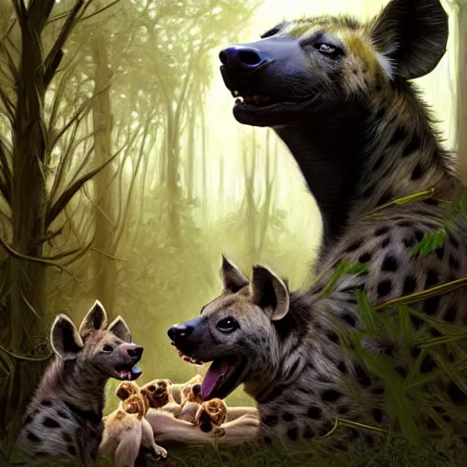 Prompt: photo of a hyena with a woman's head feeds puppies in the forest, highly detailed, digital painting, artstation, smooth, sharp focus, illustration, art by artgerm and greg rutkowski and alphonse mucha