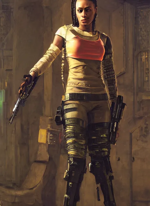 Prompt: Isabel igwe. cyberpunk mercenary wearing a military vest and combat jumpsuit. (Cyberpunk 2077, bladerunner 2049). Iranian orientalist portrait by john william waterhouse and Edwin Longsden Long and Theodore Ralli and Nasreddine Dinet, oil on canvas. Cinematic, vivid color, hyper realism, realistic proportions, dramatic lighting, high detail 4k