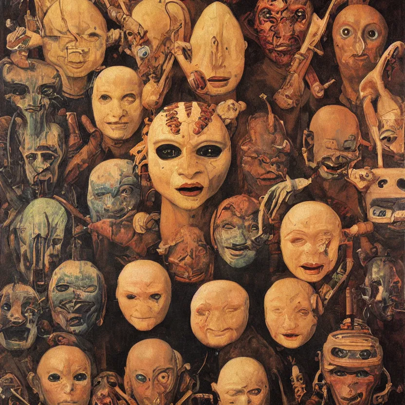 Image similar to portrait painting of beautiful tribal alien masks, by norman rockwell. muted colors, soft gradients. baroque period, renaissance masterpiece. black background. trending on artstation. retrofuturism.