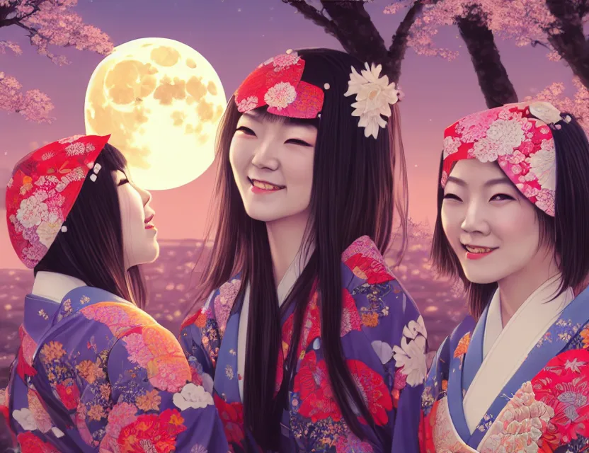 Image similar to two beautiful charming japan girls wear arty kimono in festival | | sunny night, full moon, dreamlike art, realistic shaded, smile, good looking, hyper details, 4 k realistic, cryengine, realistic shaded lighting poster by ilya kuvshinov, fuji choko, ross tran, 8 k resolution, trending on artstation, luxury