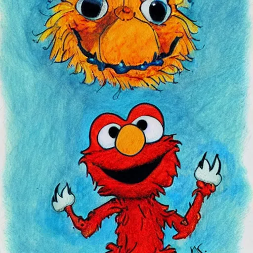 Image similar to elmo is in a gang, pen, ink and watercolor by kian 8 4