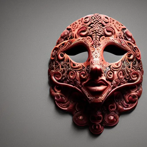 Image similar to an elaborate intricate mask made of water on an red wine jasper slab, rendered in octane, behance hd, bokeh jasper backdrop