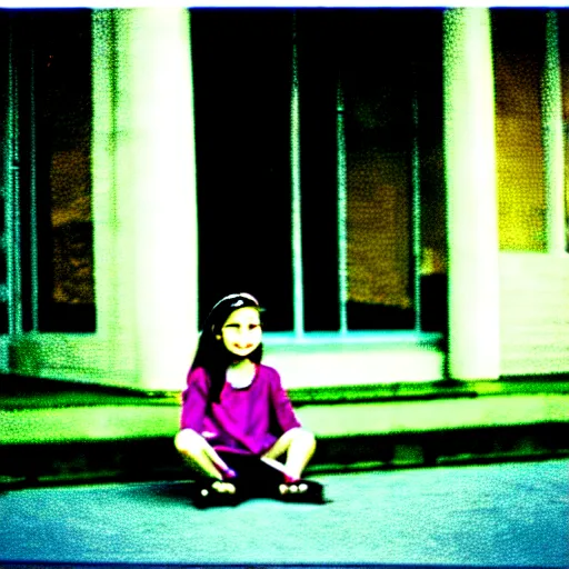 Image similar to a potrait of young girl sitting down infront of her big school, photorealistic, kodak 4 0 0, award winning photography