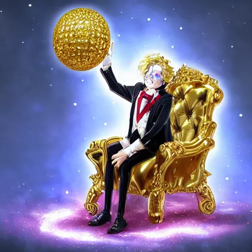 Image similar to anime of a shining majestic throne made of millions of diamonds, gold and zaphires with thousands of light reflections, and a clown on a tuxedo suit is sitting on the throne while handing a golden balloon, dramatic light, digital painting, ultradetailed, artstation, oil painting, ultradetailed, artstation