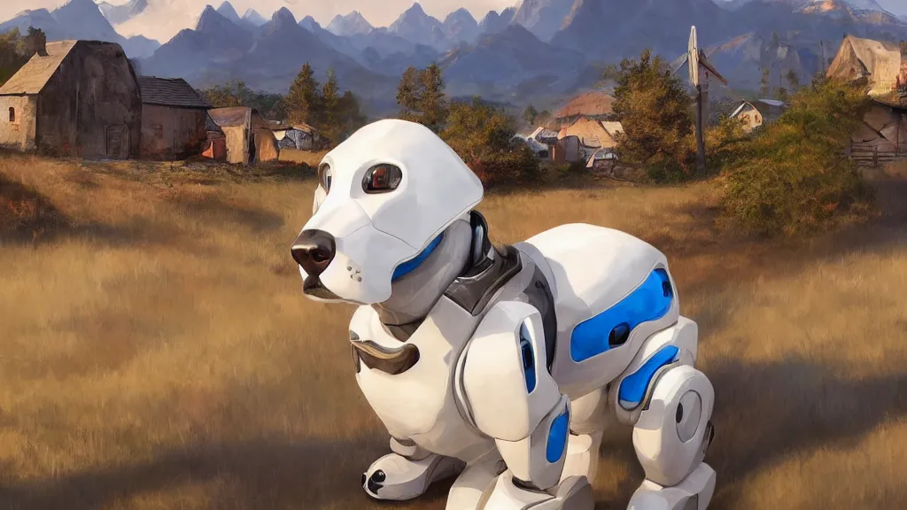 Prompt: glossy white robot dog with blue eyes sat in front of a junker village. mountains in far away background. trending on artstation.