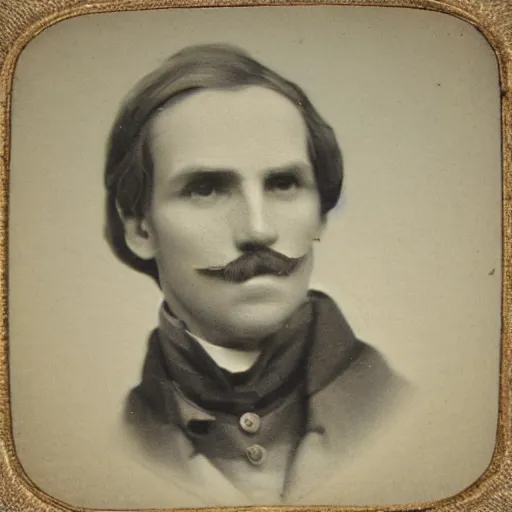 Image similar to A photograph portrait of Jerma985 with a pyramidal mustache in the early 1800s, taken in the early 1800s, 1840s, grainy, taken on a Field View Camera, realistic, hyperrealistic, very realistic, highly detailed, very detailed, extremely detailed, detailed, digital art, trending on artstation