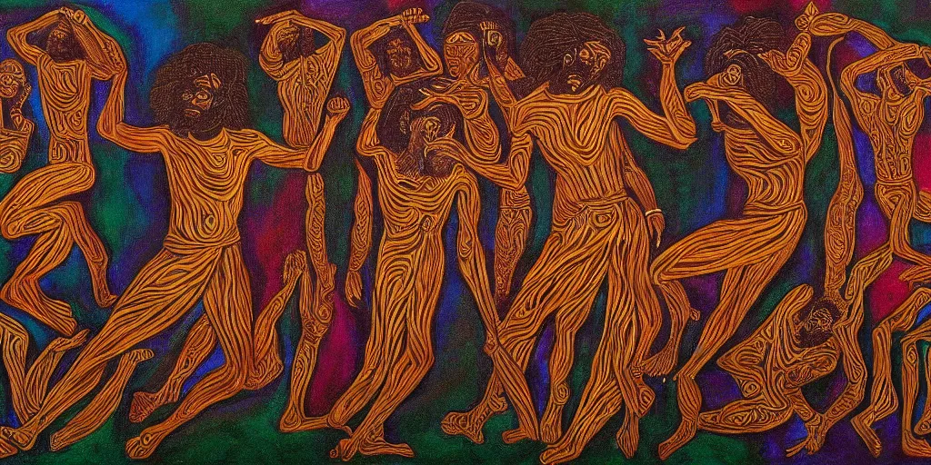 Prompt: an abstract spiritual landscape, portrait of a virile dark - skinned greek god dancing. 2 4 mm, photorealistic, muted color scheme, directed by mati klarwein