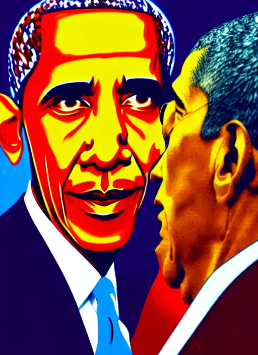 Image similar to pop art obama and khamenei angry each other, no duplicate image, glowing lights, highly detailed, digital painting, artstation, concept art, smooth, sharp focus, illustration, art by richard hamilton and mimmo rottela