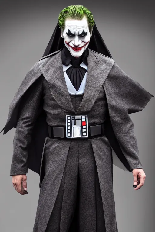 Prompt: Joker wearing vader's armor suit with cloak, cosplay, full character, highly detailed, highly realistic