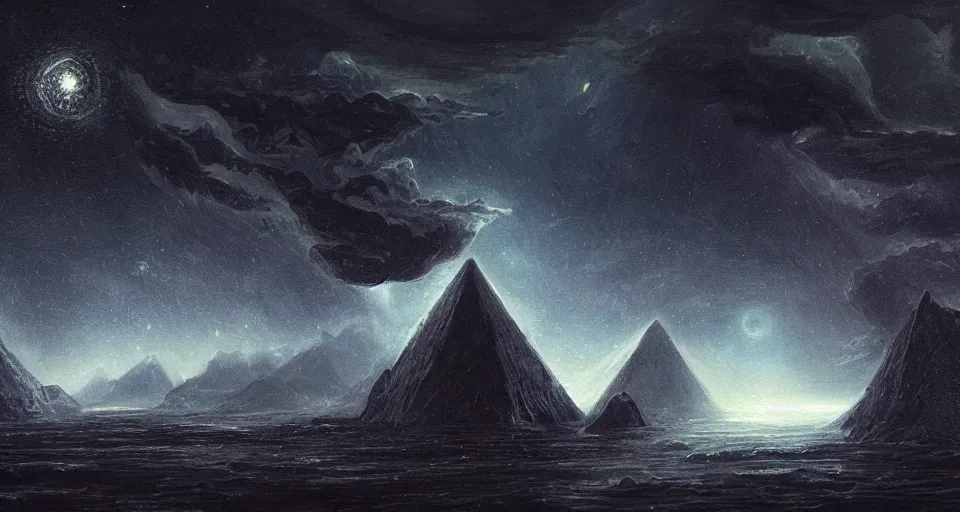 Image similar to black lovecraftian eldritch!! large obsidian pyramid!! surrounded by black motionless sea, endless cosmic sinister space!, bright stars, infinite nebula, sky background by eugene von guerard, ivan shishkin, night, concept art, trending on artstation, 8 k