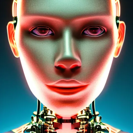 Image similar to a highly detailed, high definition, head to shoulder portrait of a female cybernetic humanoid friendly robot facing the camera, futuristic neon lit background, studio lighting